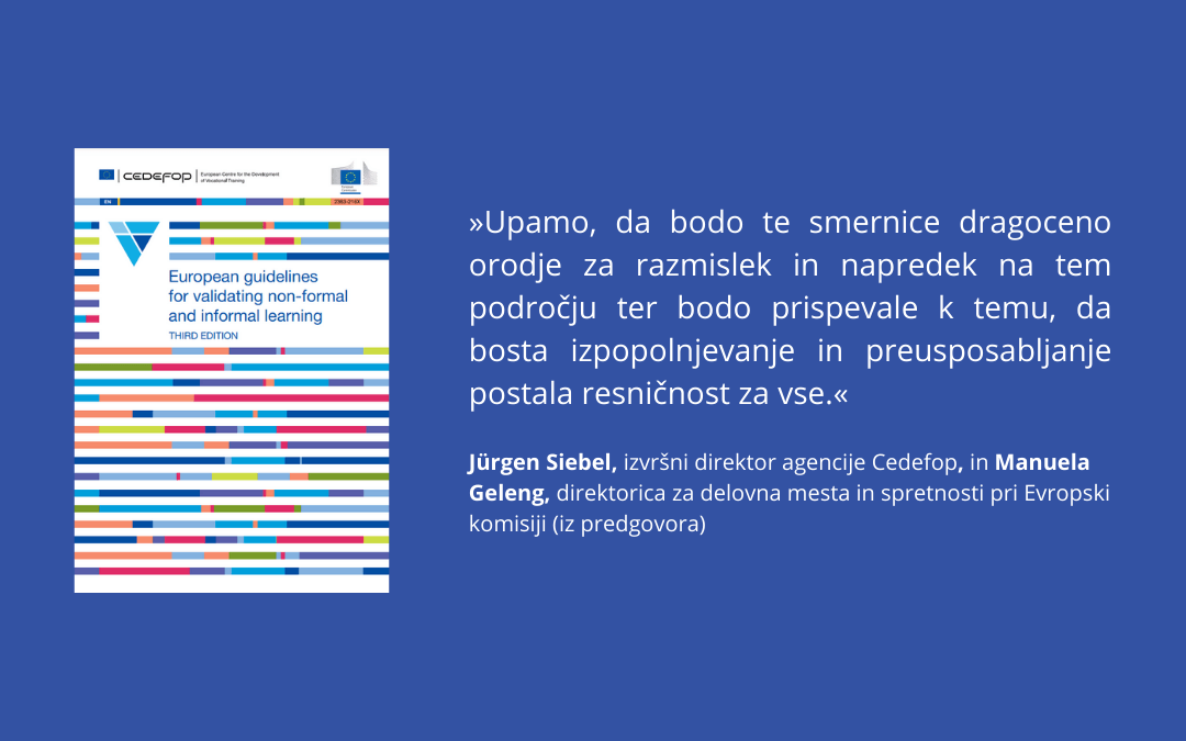Naslovnica in citat iz Evropskih smernic za potrjevanje neformalnega in priložnostnega učenja.