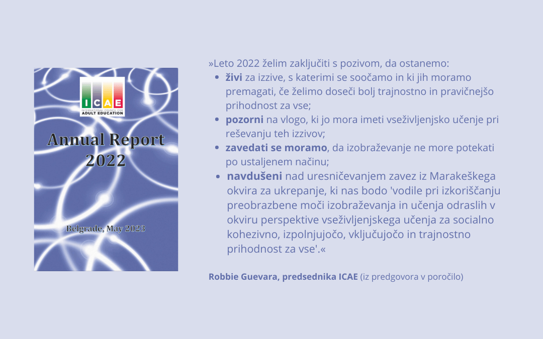 Naslovnica in citat iz poročila o delu Mednarodnega sveta za izobraževanje odraslih v letu 2022.