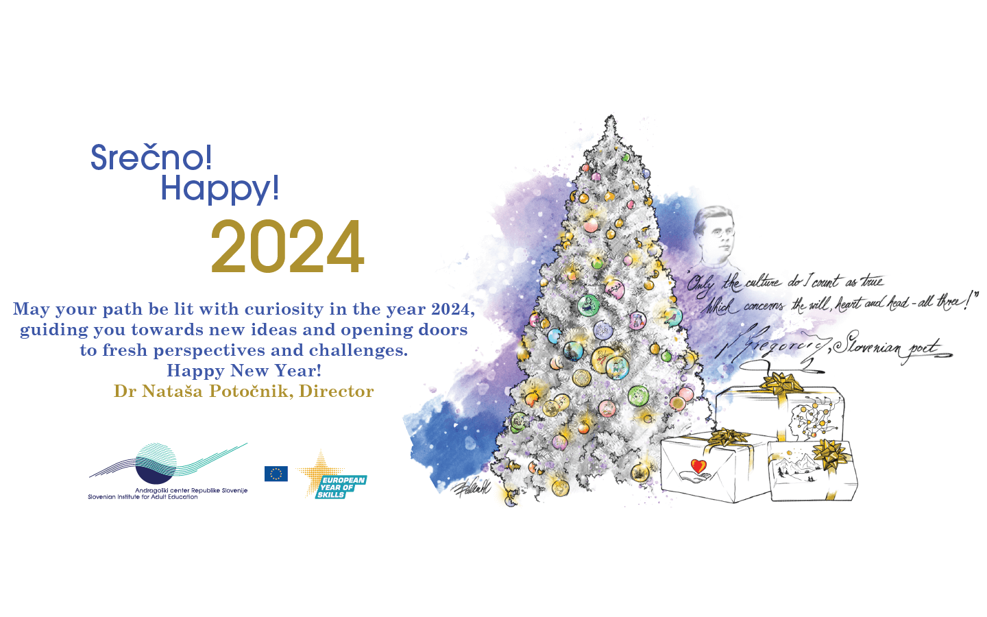 Picture of a decorated Christmas tree with gifts and a congratulatory message from the ACS Director: »May your path be lit with curiosity in the year 2024, guiding you towards new ideas and opening doors to fresh perspectives and challenges. Happy New Year!«
