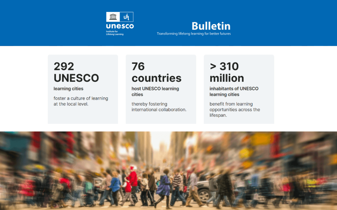 Fotografija mesta s hitečimi prebivalci in podatki Unescove globalne mreže učečih se mest, ki so predstavljeni v decembrski številki UIL Bulletin 2023.
