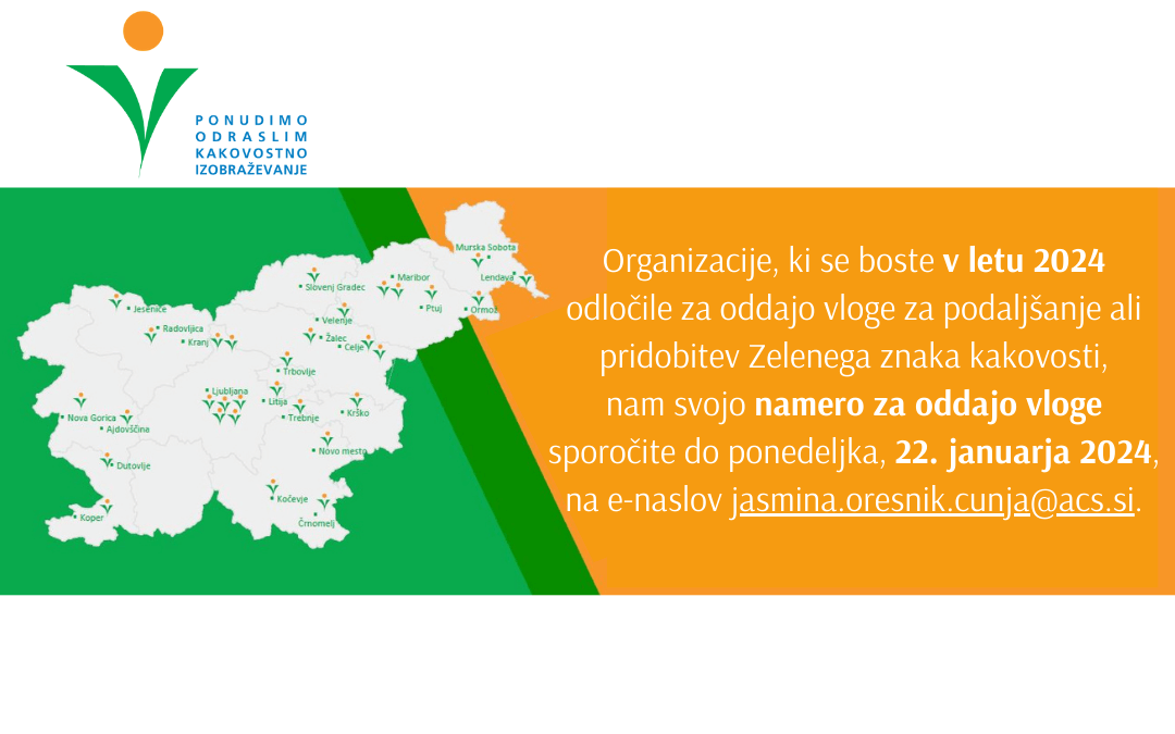Na sliki je zemljevid Slovenije s kraji, v katerih so različne ustanove nosilke zelenega znaka kakovosti. Zapisano je tudi povabilo: »Organizacije, ki nameravajo v letošnjem postopku oddati vlogo za podaljšanje ali pridobitev znaka, morajo ACS pisno obvestiti o svoji nameri za oddajo vloge (po e-pošti na naslov jasmina.oresnik.cunja@acs.si), in sicer do ponedeljka, 22. januarja 2024.«