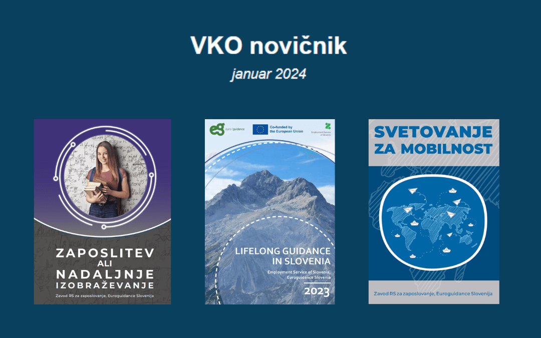 Pasica januarske številke VKO novičnika 2024, na katerem so naslovnice treh zbornikov, ki so v njej predstavljeni.