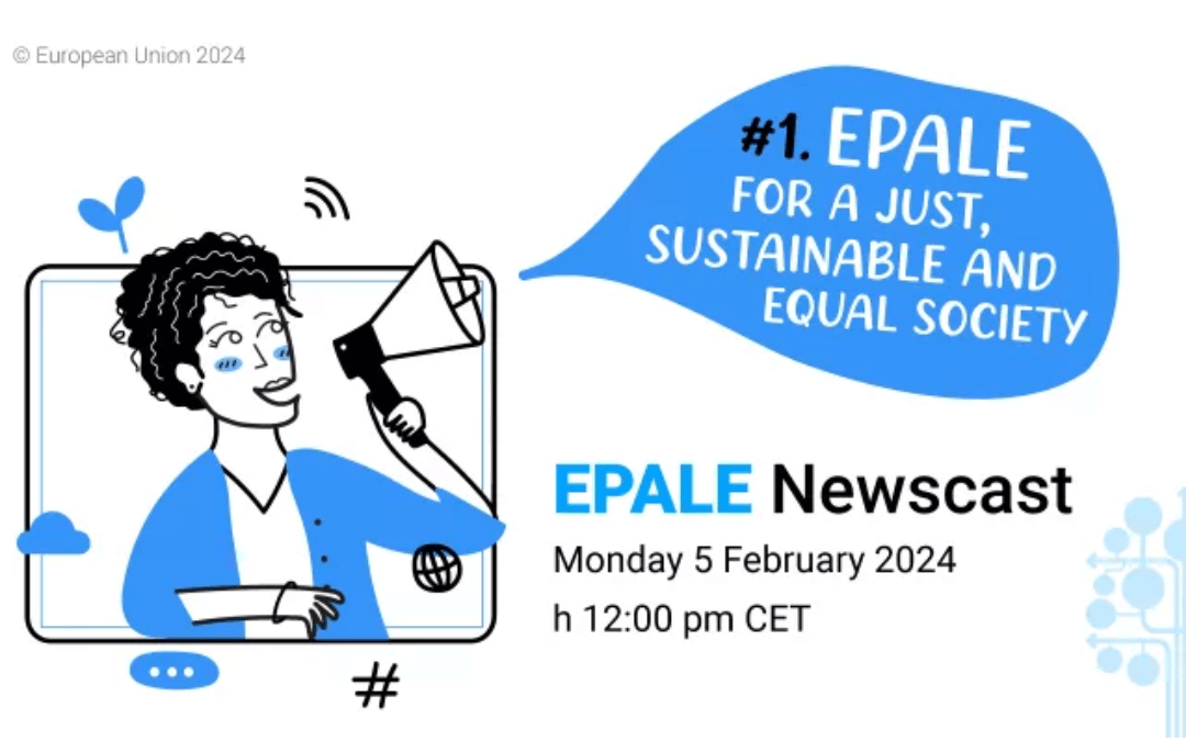 Pasica januarskega Newscasta EPALE 2024, na katerem fant po megafonu razglaša temo EPALE za pravično, trajnostno in enako družbo. 