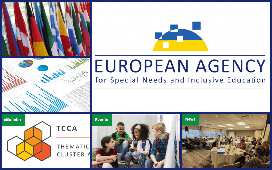 Logotip Evropske agencije za izobraževanje oseb s posebnimi potrebami in inkluzivno izobraževanje s kolažem slik, ki prikazujejo njeno delovanje.