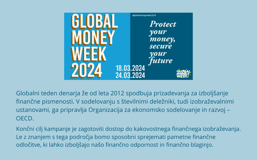 Pasica svetovnega tedna denarja 2024 z opisom: Globalni teden denarja že od leta 2012 spodbuja prizadevanja za izboljšanje finančne pismenosti. V sodelovanju s številnimi deležniki, tudi izobraževalnimi ustanovami, ga pripravlja Organizacija za ekonomsko sodelovanje in razvoj – OECD. Končni cilj kampanje je zagotoviti dostop do kakovostnega finančnega izobraževanja. Le z znanjem s tega področja bomo sposobni sprejemati pametne finančne odločitve, ki lahko izboljšajo našo finančno odpornost in finančno blaginjo.