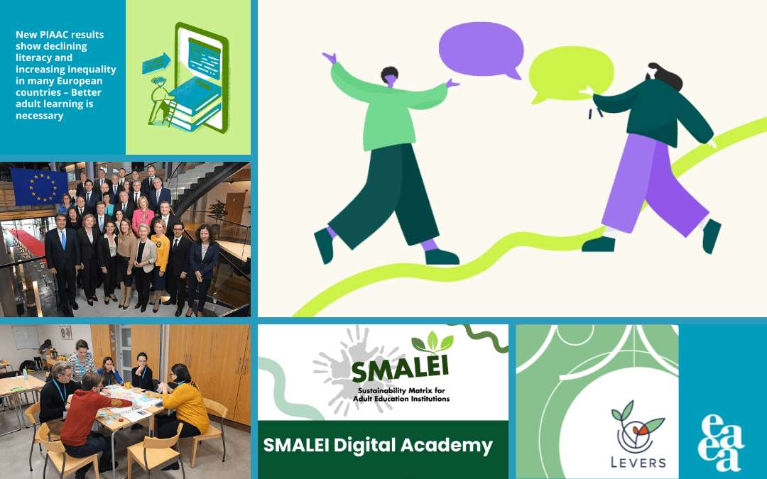 EAEA_newsletter-072024 Kolaž fotografij in pasic, ki prikazuje vsebino 7. številke novičnika EAEA 2024.