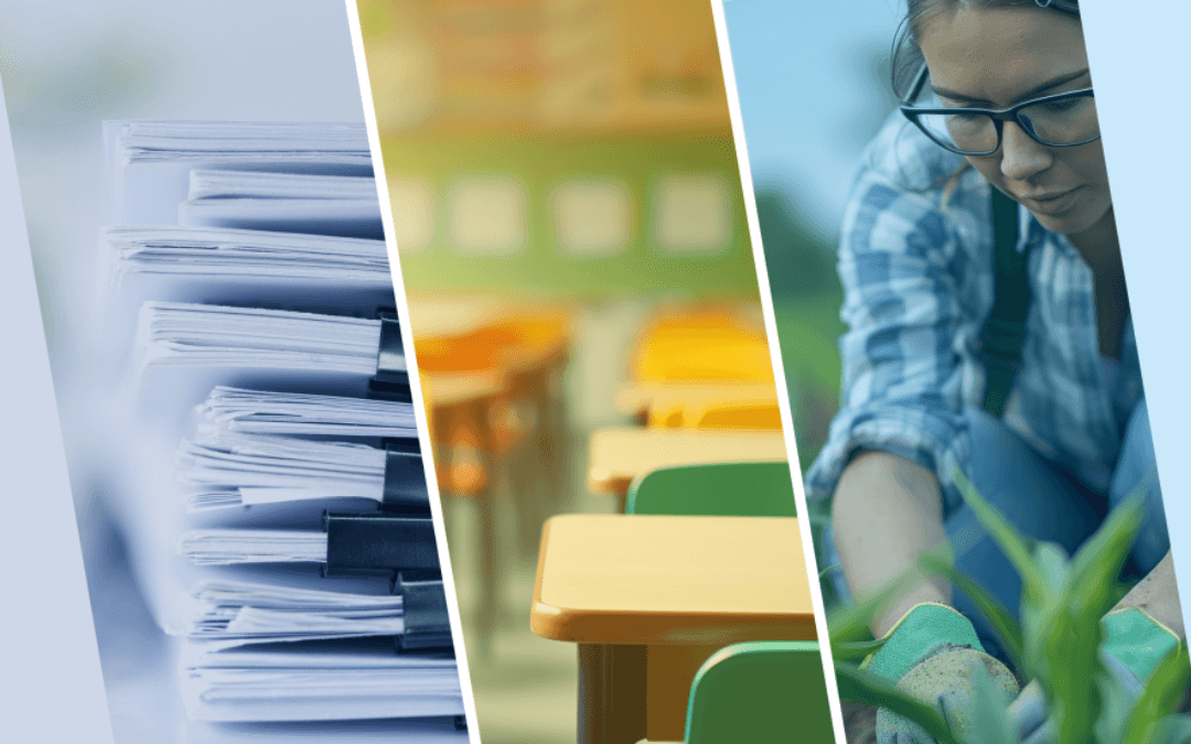 Simbolična slika: kolaž fotografij zloženih publikacij, šolskih koli in vrtnarke med delom.