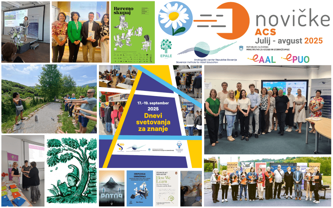 Objava na spletni strani julij - avgust 2025 Kolaž slik in fotografij, ki prikazuje vsebino majske številke e-Novičk ACS 2025.
