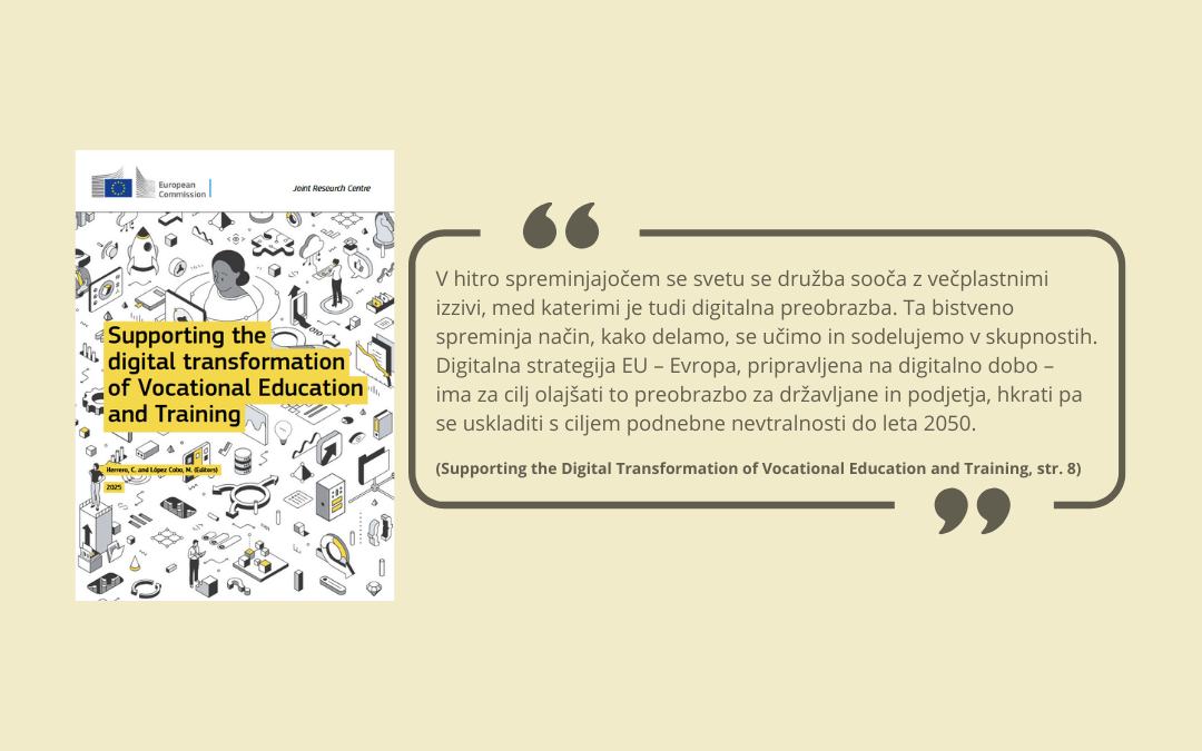 Naslovnica publikacije Supporting the Digital Transformation of Vocational Education and Training s citatom iz predgovora poročila.