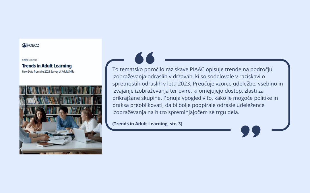 Trends_in_adult_learning Naslovnica publikacije Trends in Adult Learning s citatom iz uvoda poročila.