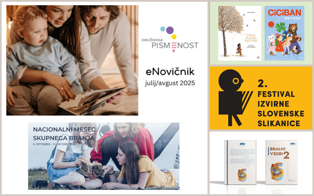 Kolaž fotografij, ki simbolično prikazujejo vsebino poletne dvojne številke eNovičnika za družinsko pismenost 2025.