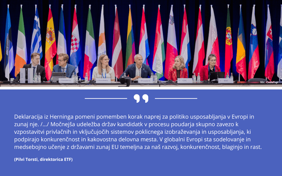 Fotografija s srečanja evropskih ministrov, odgovornih za poklicno izobraževanje in usposabljanje (11. 9. 2025), in citat Pilvi Torsti o Herningški deklaraciji.