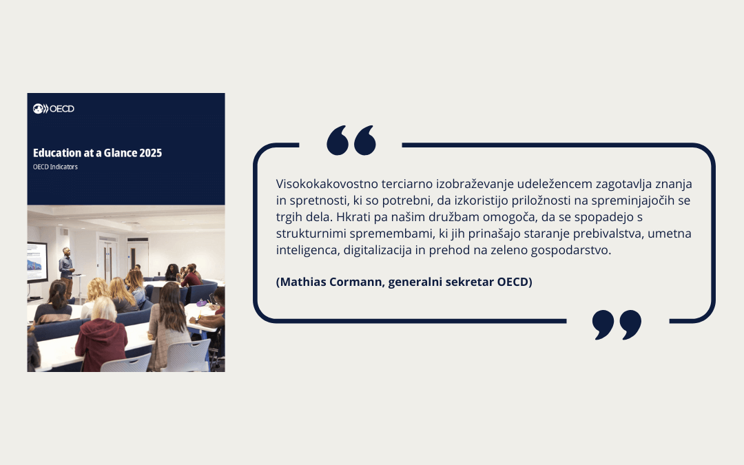 Naslovnica Pogled na izobraževanje 2025 in citat Mathiasa Cormanna.