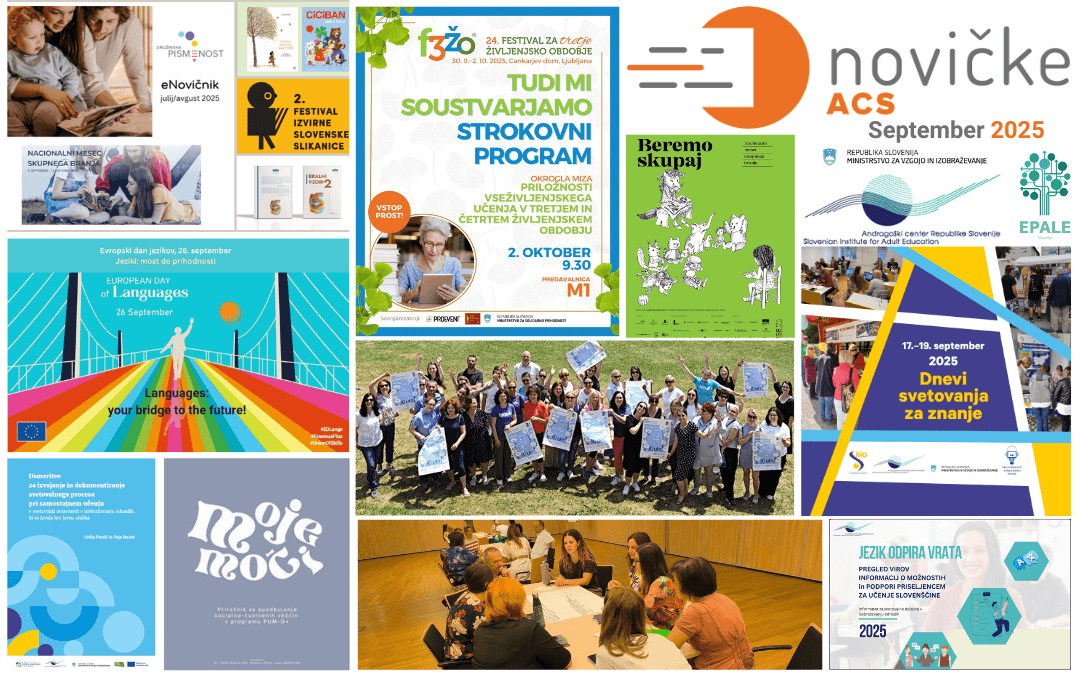 Kolaž slik in fotografij, ki prikazuje vsebino septembrske številke e-Novičk ACS 2025.