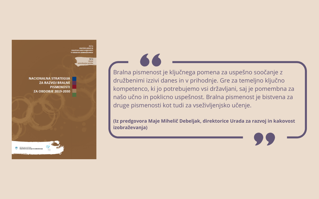 Naslovnica Nacionalne strategije za razvoj bralne pismenosti 2019–2030 s citatom Maje Mihelič Debeljak iz predgovora.