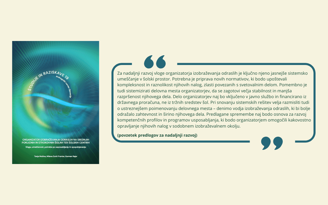 Naslovnica monografije Organizator izobraževanja odraslih na srednjih poklicnih in strokovnih šolah ter šolskih centrih s povzetkom predlogov za nadaljnji razvoj.