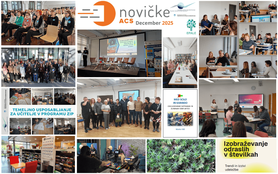 e-Novicke-122025 Kolaž slik in fotografij, ki prikazuje vsebino decembrske številke e-Novičk ACS 2025.