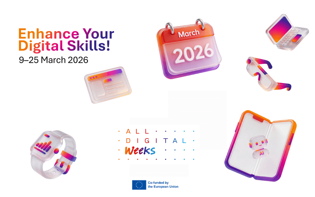 Pasica kampanje All Digital Weeks 2026, na kateri so pametna ura, tablica, računalnik, koledar, očala za navidezno resničnost in podoba robotka, ki upodablja umetno inteligenco