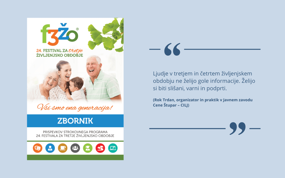 Naslovnica zbornika prispevkov strokovnega programa 24. F3ŽO s citatom Roka Trdana.