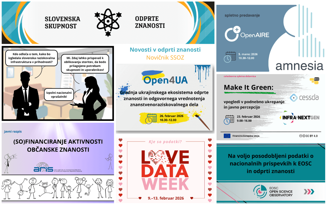 Kolaž slik, ki prikazuje vsebino februarske številke Novičnika Slovenske skupnosti odprte znanosti 2026.