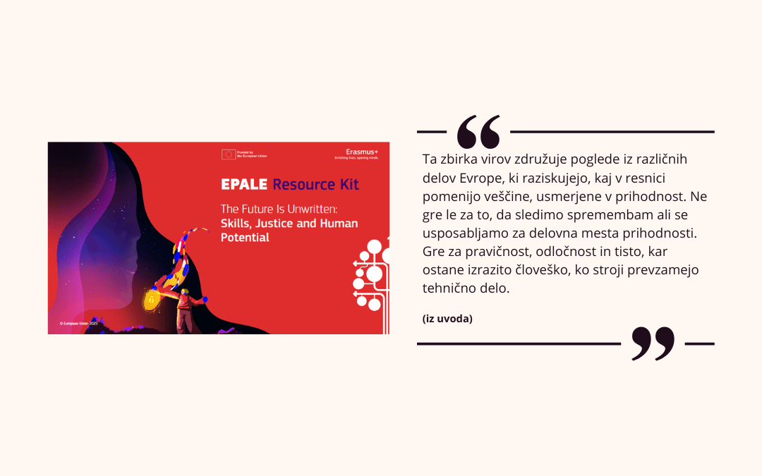 Naslovnica zbirko novih virov EPALE Prihodnost še ni zapisana s citatom iz uvoda.