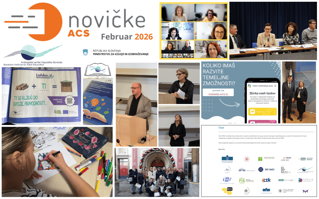 e-Novicke_ACS-022026 Kolaž slik in fotografij, ki prikazuje vsebino februarske številke e-Novičk ACS 2026.