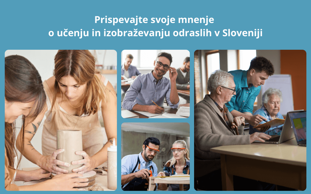 Anketa_ReNPIO Na kolažu fotografij so različnih oblik učenja odraslih: dve ženski pri oblikovanju gline na lončarskem tečaju, moški v učilnici med pisanjem zapiskov, dva odrasla pri praktičnem delu z lesom ter mlajši mentor, ki starejšemu paru pomaga pri uporabi prenosnega računalnika.