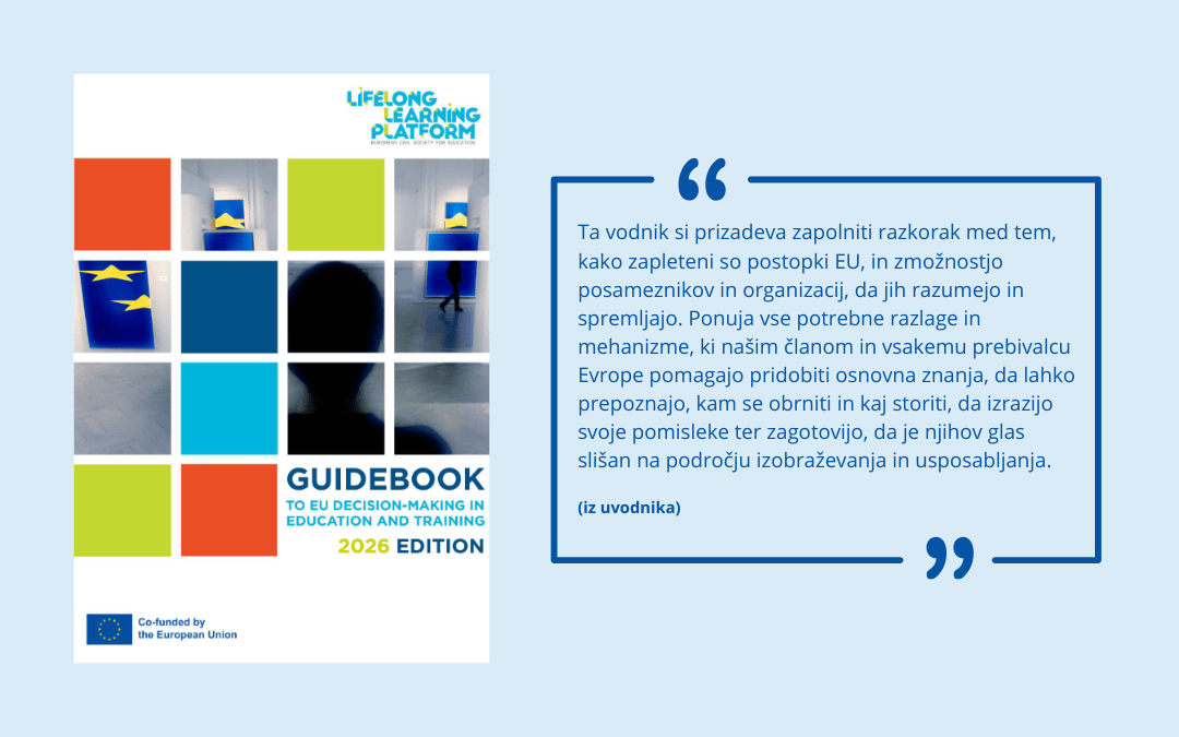 Naslovnica vodnika Guidebook to EU Decision-Making in Education and Training (2026) s citatom iz uvodnika.