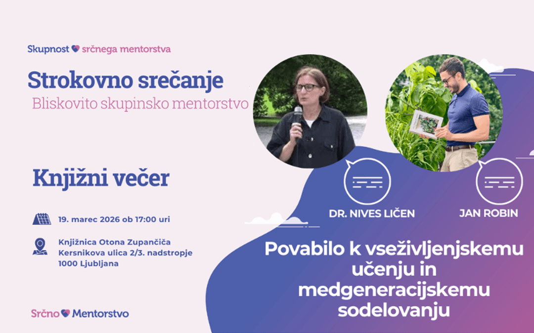 Pasica prvega knjižnega večera Skupnosti srčnega mentorstva.