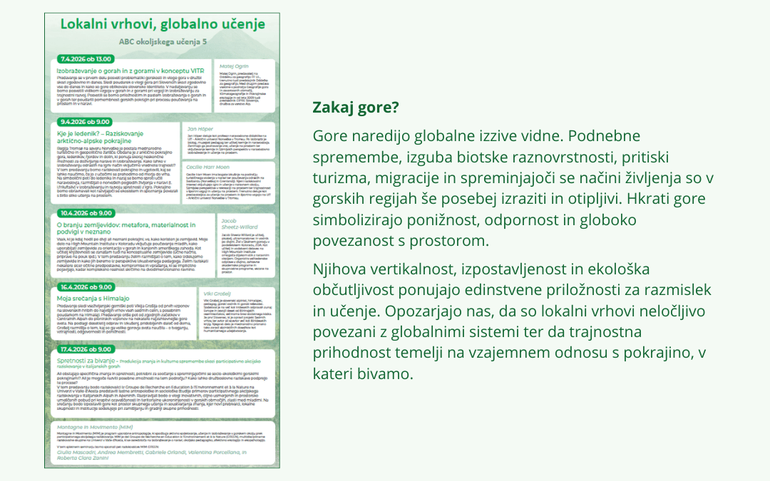 Letak cikla predavanj ABC okoljskega učenja  5 z razlago teme.