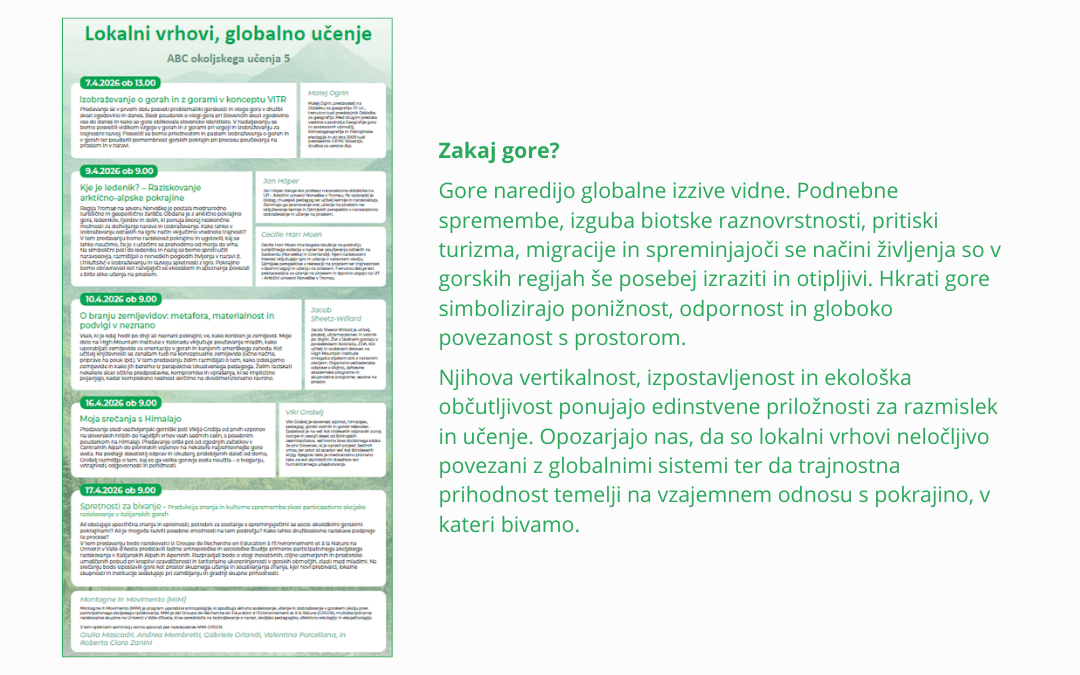 Letak cikla predavanj ABC okoljskega učenja  5 z razlago teme.