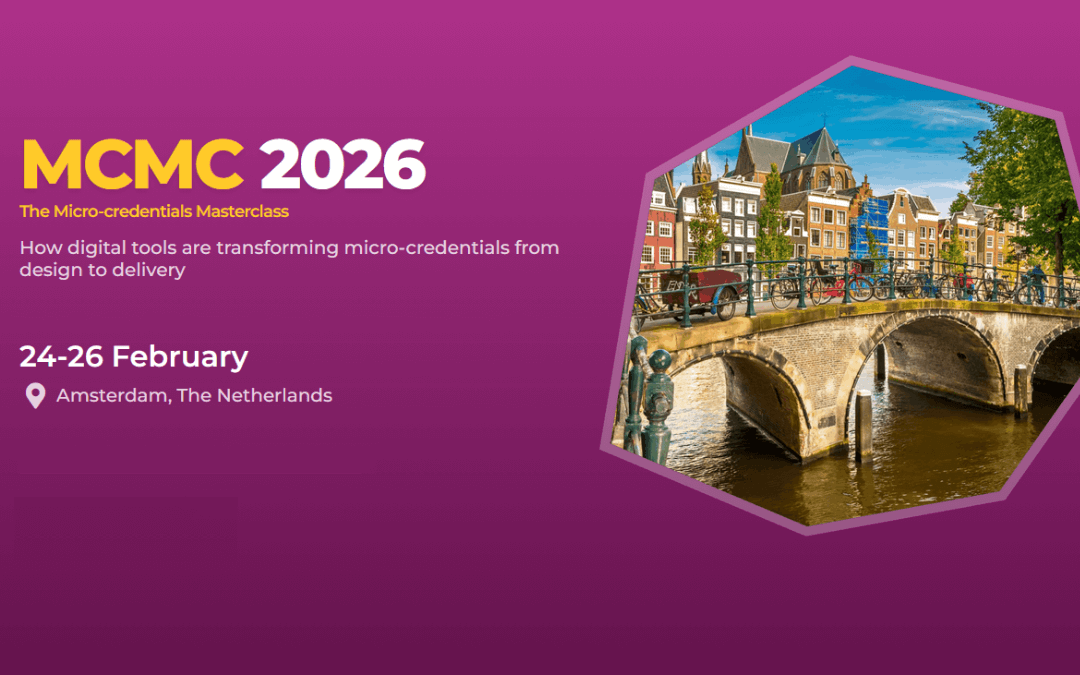 Pasica The Micro-credentials Masterclass 2026, na kateri je poleg podatkov o dogodku tudi slika enega od Amsterdamskih mostov.