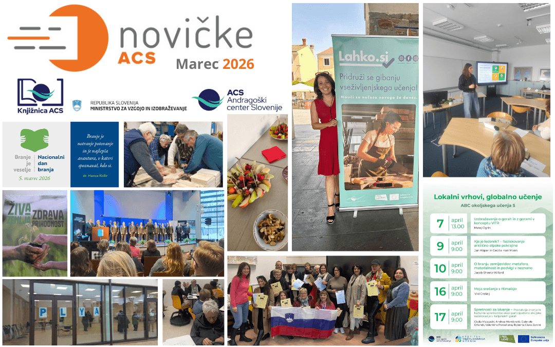 Kolaž slik in fotografij, ki prikazuje vsebino marčevske številke e-Novičk ACS 2026.