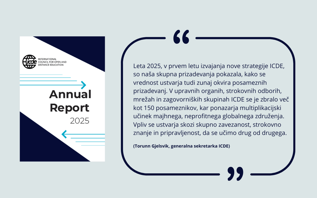 Naslovnica in citat iz poročila ICDE za leto 2025.