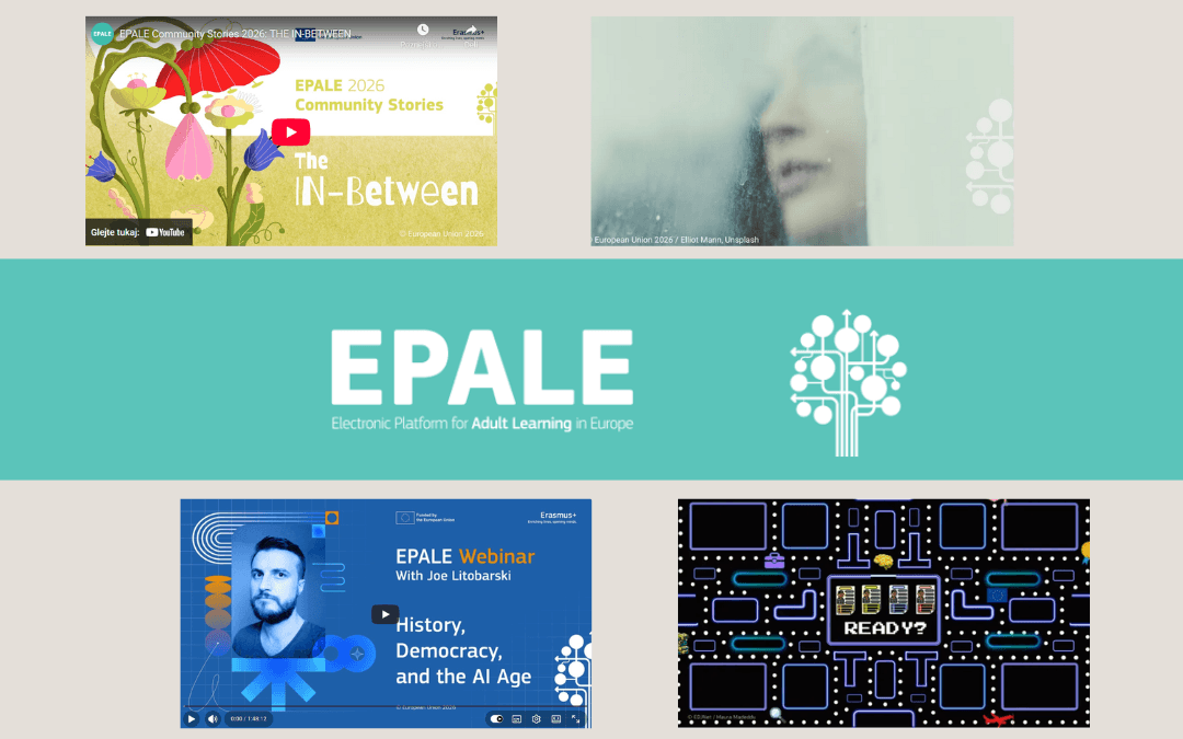 Novicnik_EPALE-032026 Kolaž pasic, ki opozarjajo na nove objave na platformi EPALE v marcu 2026.