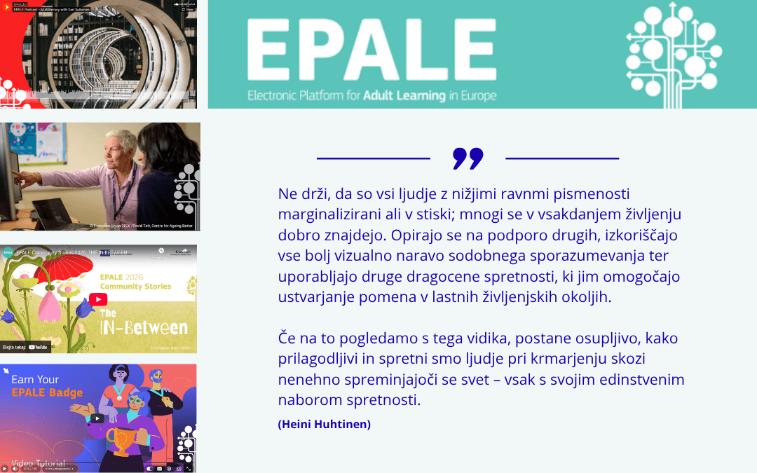 Novicnik_EPALE-042026 Kolaž pasic, ki opozarjajo na nove objave na platformi EPALE v aprilu 2026. Dodan je tudi citat Heini Huhtinen iz uvodnika.
