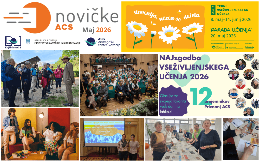 e-Novicke_ACS-052026 Kolaž slik in fotografij, ki prikazuje vsebino majske številke e-Novičk ACS 2026.
