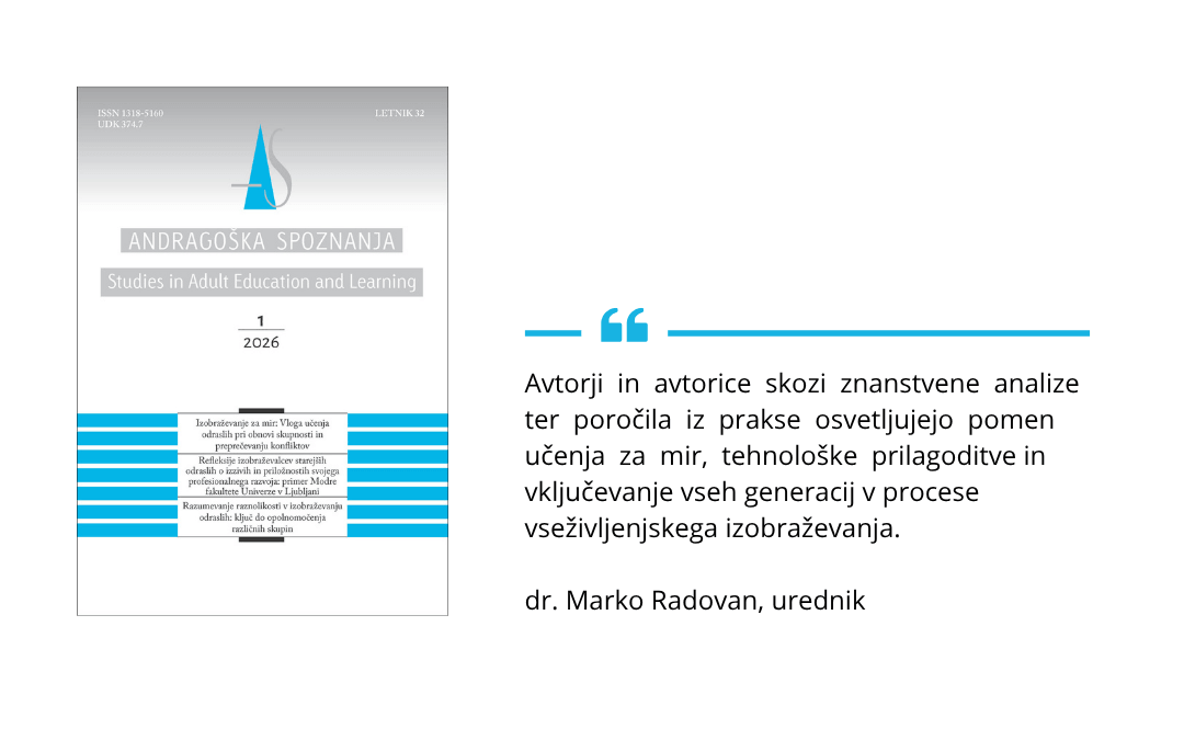 Andragoska_spoznanja-012026 Pasica, ki prikazuje naslovnico in citat iz 1. številke Andragoških spoznanj 2026.