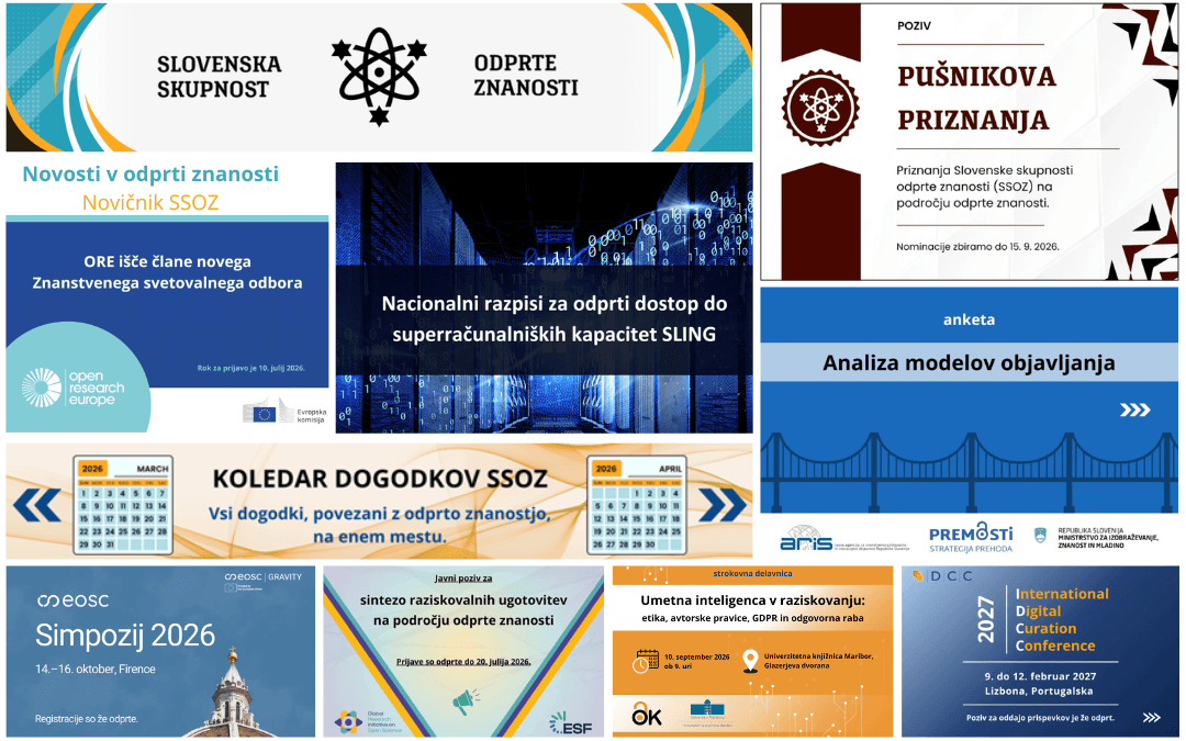 Novičnik_SSOZ-062026 Kolaž slik, ki prikazuje vsebino 6. številke Novičnika Slovenske skupnosti odprte znanosti 2026.
