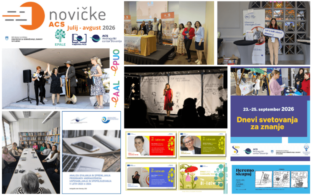 e-Novicke_ACS-07-082026 Kolaž slik in fotografij, ki prikazuje vsebino dvojne poletne številke e-Novičk ACS 2026.