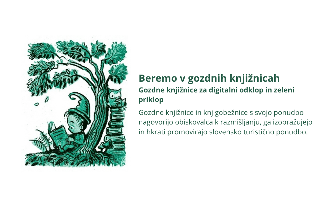 Pasica za dogodek Beremo v gozdnih knjižnicah 2026 ob svetovnem dnevu turizma, z ilustracijo otroka, ki bere pod drevesom.