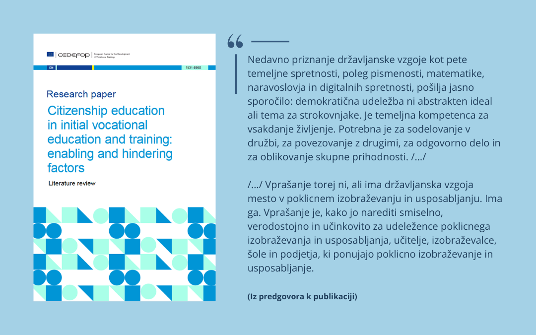 Citizenship_education_in_initial_vocational_education_and_training Naslovnica publikacije Citizenship education in initial vocational education and training s citatom iz predgovora.