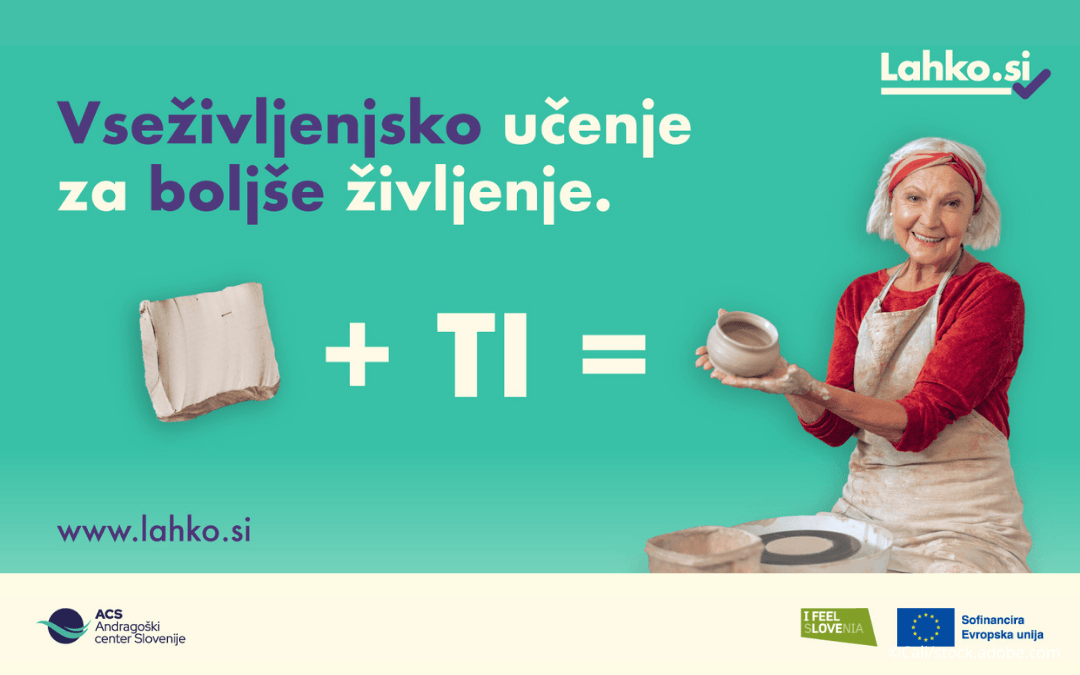 Plakat medijske kampanje, na katerem starejša gospa oblikuje posodo iz gline