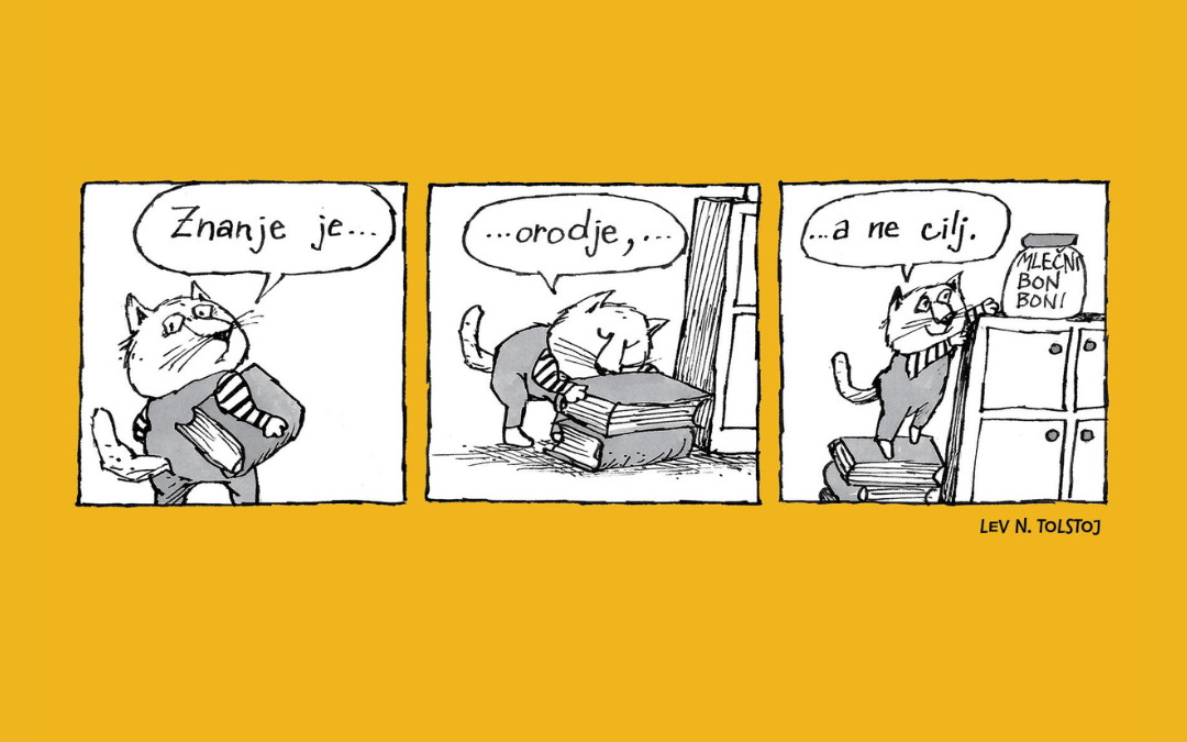 Razglednica, na kateri je strip Marjana Mančka in citat Leva N. Tolstoja