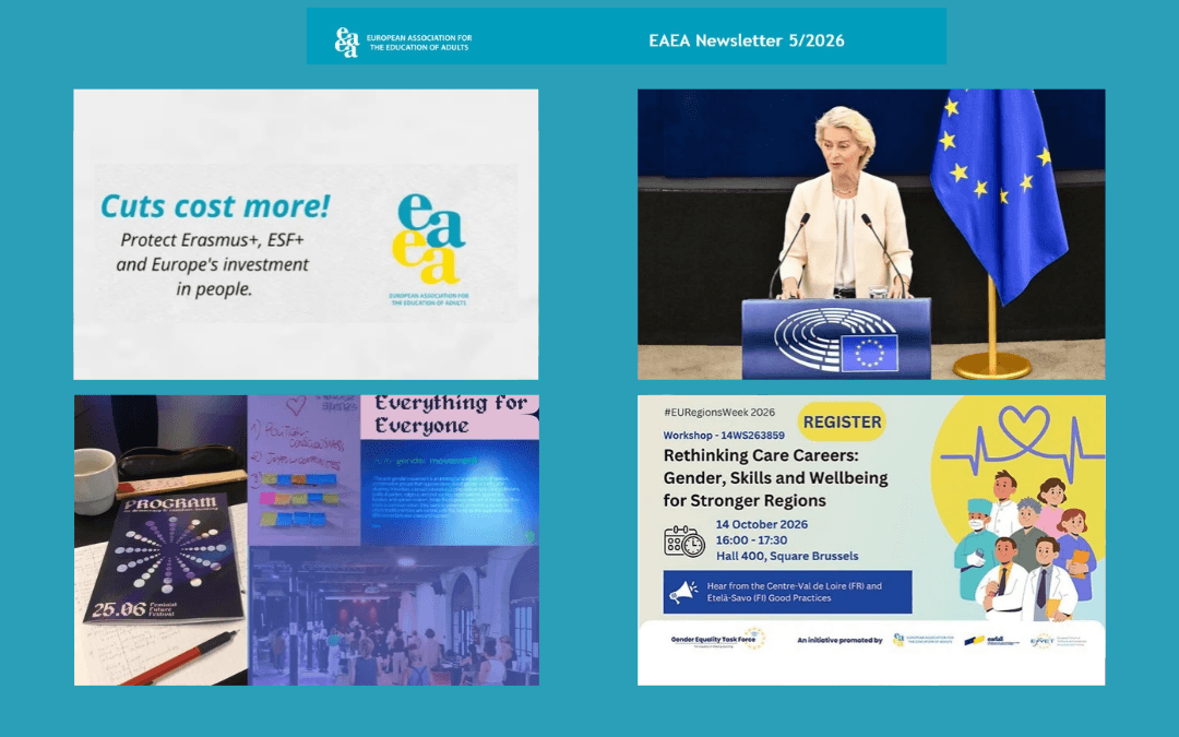 EAEA_Newsletter-052026 Kolaž fotografij, ki prikazuje vsebino 5. številke novičnika EAEA 2026.