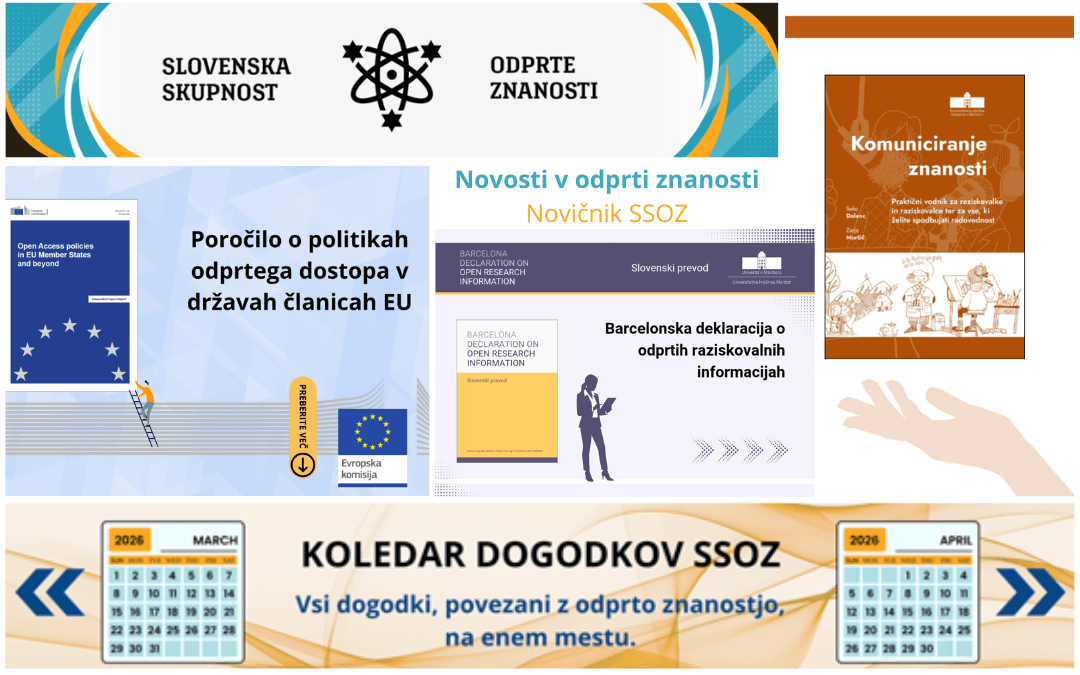 Novičnik_SSOZ-102026 Kolaž slik, ki prikazuje vsebino oktobrske številke Novičnika Slovenske skupnosti odprte znanosti 2026.
