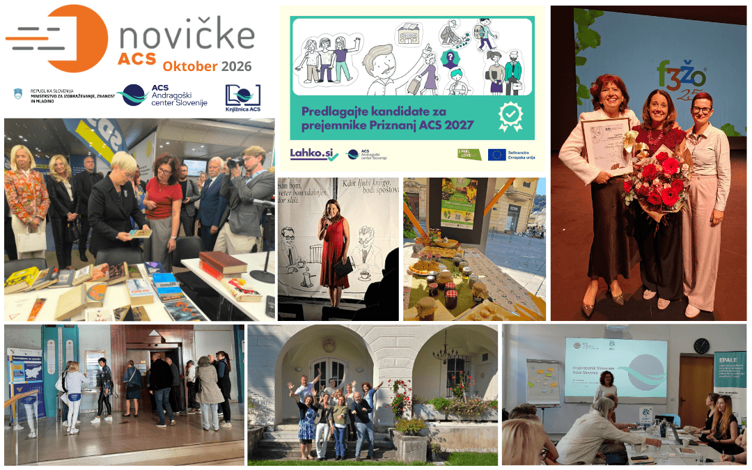 e-Novicke_ACS-102026 Kolaž slik in fotografij, ki prikazuje vsebino oktobrske številke e-Novičk ACS 2026.